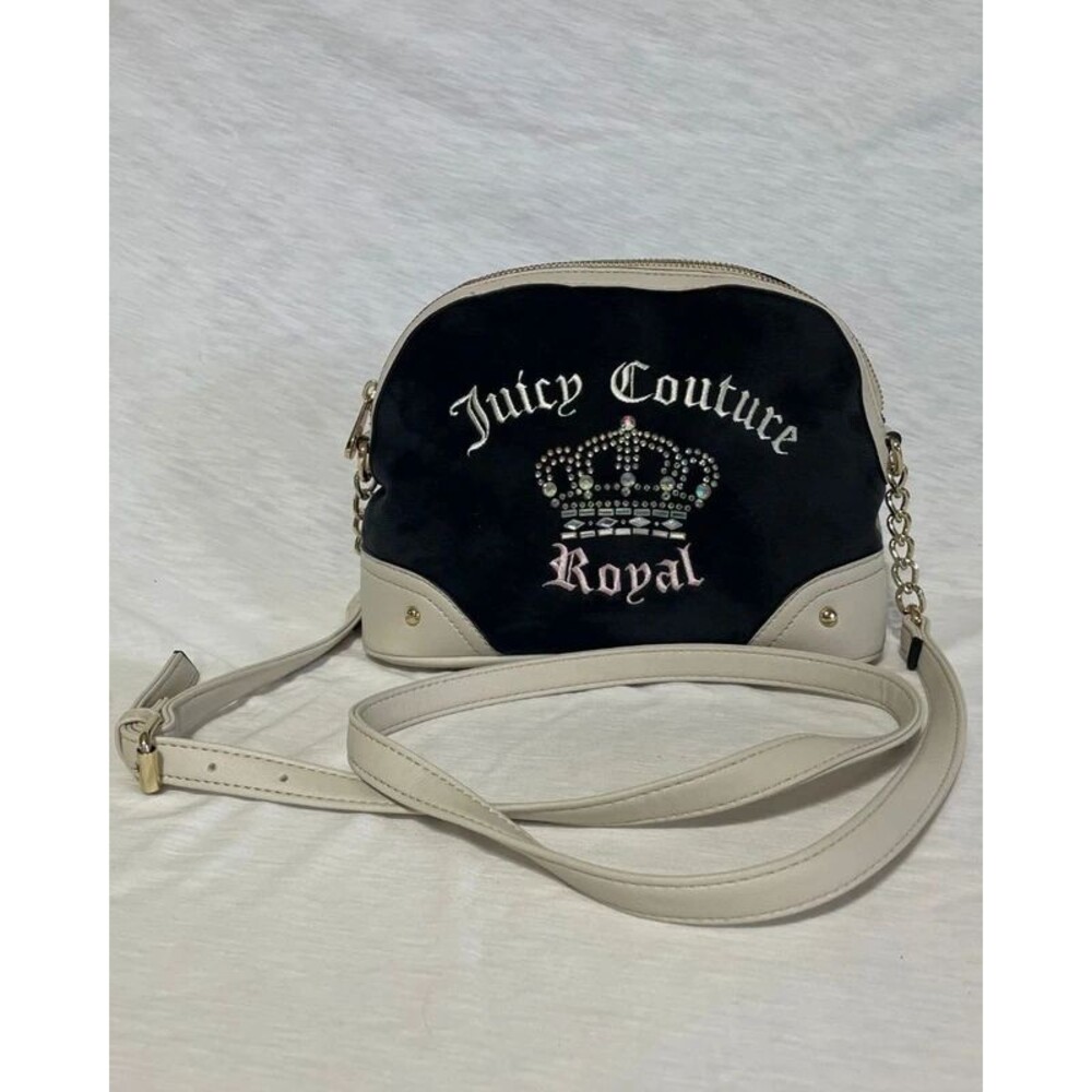 Juicy Couture Royal Black Velour Dome Crossbody Rhinestone Crown Logo Bag